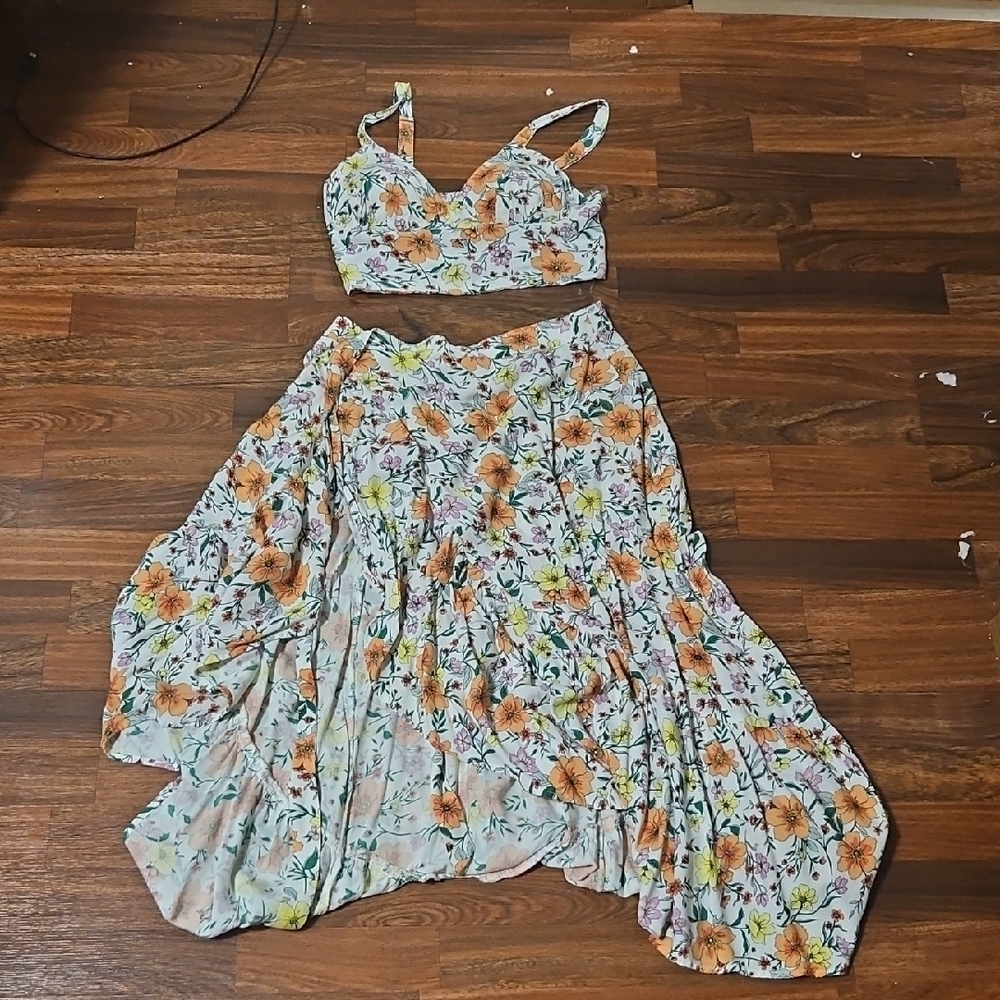 Floral Two-Piece Set with Orange and Green Accents (Dhoti Wrap Skirt)